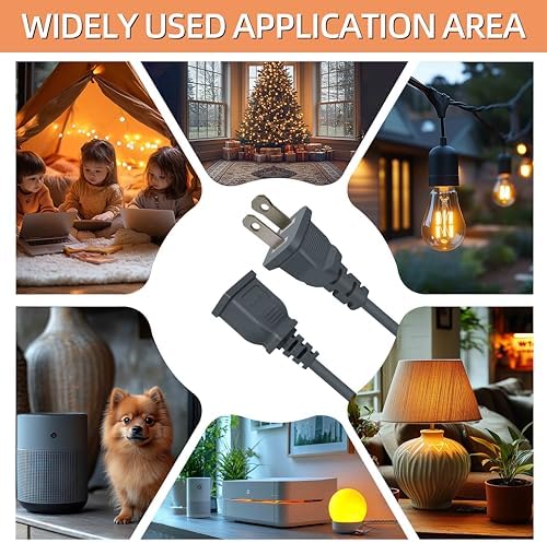 7FT Short Indoor Power Extension Cord, Gray,1250W 10A 2 Prong (1 Pack) - Image 5
