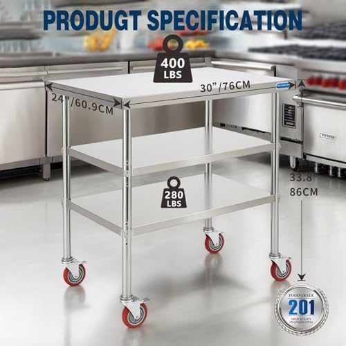 KUARBARR Stainless Steel Table with Wheels Stainless Steel Prep Table 24 x 30 Inch, NSF Commercial SS Metal Kitchen Prep Worktable for Restaurant Kitchen Garage Warehouse - Image 3