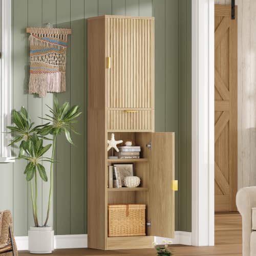 TEENFON 66.9″ Storage Cabinet with 1 Drawer and 2 Doors, Tall Bathroom Storage Cabinet with Adjustable Shelves, Rattan Fluted Cabinet for Bathroom, Living Room, Kitchen, Natural Oak - Image 6