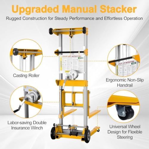 Material Lift Winch Stacker, 400 lbs Capacity, 122" Max Raised Height, Fixed Straddle Hand Winch Lift Trucks for Warehouse, Factory, Library, 34.60"L x 24.80"W,Yellow - Image 4