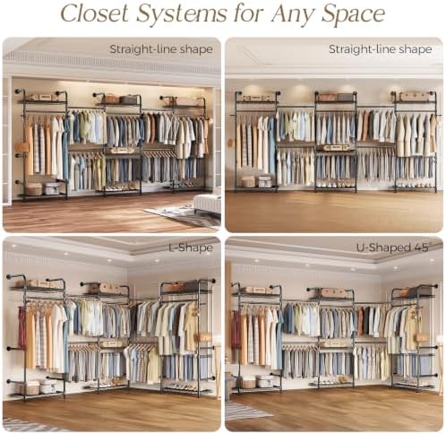 Closet Organizers Wall Mounted Closet System, 5-Row Heavy Duty Garment Clothes Rack, Industrial Pipe Clothing Rack with 4 Telescopic Rods, 3 Fixed Rods, 6 Hooks, 7 Shelves & 2 Pants Hangers for Rooms - Image 5