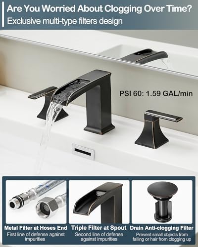 Oil Rubbed Bronze Bathroom Faucet 3 Hole, 4-16 Inch Brass Waterfall Faucet for Bathroom Sink, 2 Handle Vanity Bathroom Faucets with Pop-up Drain and Supply Hoses - Image 5