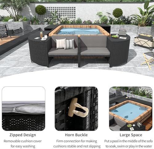 Outdoor Spa Surround Sofa Set Rattan Sectional Hot Tub Frame with Cushioned & Wooden Seats, Storage Cabinets & Table Surfaces for 74" Portable Spa, All-Weather Quadrilateral Hot Tub Surround, Grey - Image 5