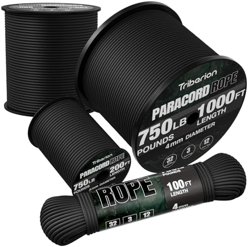 Paracord Rope 750 lb - 1000ft 5/32" Parachute Cord 4MM 12-Strand para Cord - Heavy Duty Spool String for Survival,Camping Gear, Survival Bracelet, Clothesline - Black by Triberion