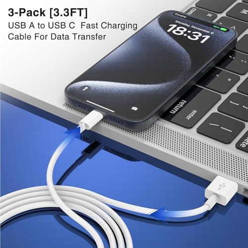 Car Carplay Cable USB to USB C Cable for iPhone 16 15 Pro Plus Pro Max，3-Pack 3.3FT USB A to USB C Cable for iPad Pro/Air/Mini，for Samsung S24/S23/S22/S21，for MacBook Pro/Air and More - Image 5