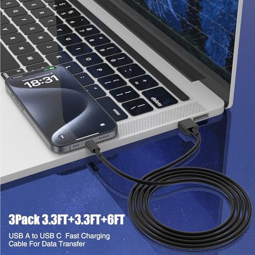 3-Pack Black [3.3FT+3.3FT+6FT] USB A to USB C Cable，USB to USB C Car Carplay Cable for iPhone 16 15 Pro Plus Pro Max，for iPad Pro/Air/Mini，for Samsung S24/S23/S22/S21，for MacBook Pro/Air and More - Image 4