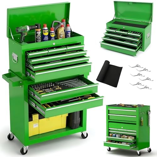 Dawmilon Tool Chest, 8-Drawer Rolling Tool Storage Cabinet with Wheels, Detachable Top Tool Box, and Locking Mechanism, Metal Barber Tool Cart with Liner and 6 Hooks for Garage, Workshop, Green by Dawmilon