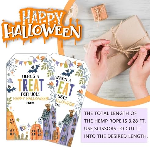 Halloween Paper Gift Tags with String-50Pcs, Here's A Treat for You Happy Halloween Tags for Goodie Bags, 2 x 3.5 Inch Writable Waterproof Hanging Labels for Decor Party Supplies, Gift Wrapping-B07 - Image 3