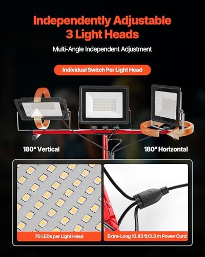 VEVOR LED Work Light with Stand, 15000 Lumens, Three-Head Portable Camping Light with Individual Switch, Tripod Stand, 10.83 ft Power Cord, for Indoor Outdoor Job Site Construction, IP65 Waterproof - Image 3