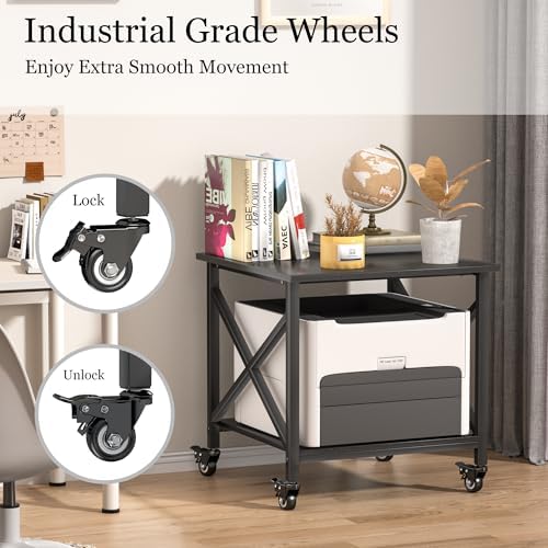 Printer Stand, 23.6 x 23.6 Inches Large Printer Stand with Storage Shelf, 2 Tier Printer Table for Home Office, Rolling Printer Cart with Industrial Wheels, Mini Fridge Stand Table, Black - Image 5