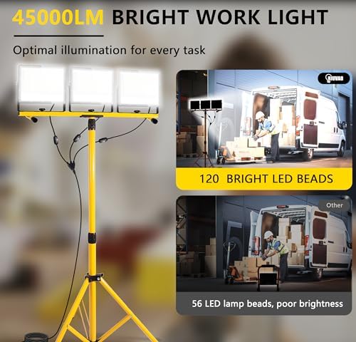 45000 Lumen LED Work Lights with Stand - 3 Head Portable Work Light on Stand - IP65 Waterproof Tripod Work Lights for Outdoor Indoor Job Site Workshop Garage Construction Site Lighting - Image 3