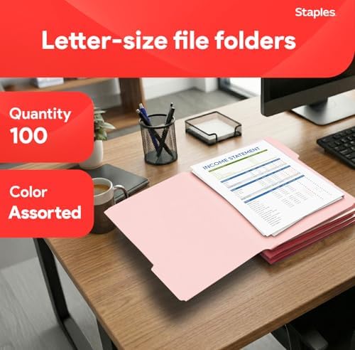 Staples Colored File Folders, Letter Size, 3-Tab Top-Tab, 100/Pk - Image 2