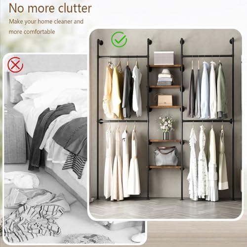 Industrial Pipe Clothing Racks with 5 Shelves, Wall Mounted Clothes Rack for Hanging Clothes, Black Wall Clothing Rack, Heavy Duty Clothes Rack for Walk in Closet, Laundry Room - Image 4