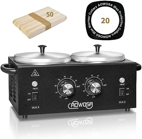 Professional Hair Removal Kit - Wax Warmer Machine with Double Pot, Large Capacity for Spa Salon and Home Use, Non-Stick Easy Clean Pots, 50 Sticks & 20 Collars (Black) by AOWOSA