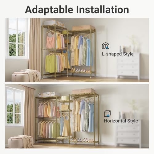 VIPEK L6 L Shaped Clothes Rack Heavy Duty Clothing Rack for Corner, 5-Tier Wire Garment Racks Metal Freestanding Closet with Adjustable Shelves, 42.1" L x 42.1" W x 76.4" H, Max Load 840LBS, Gold - Image 3