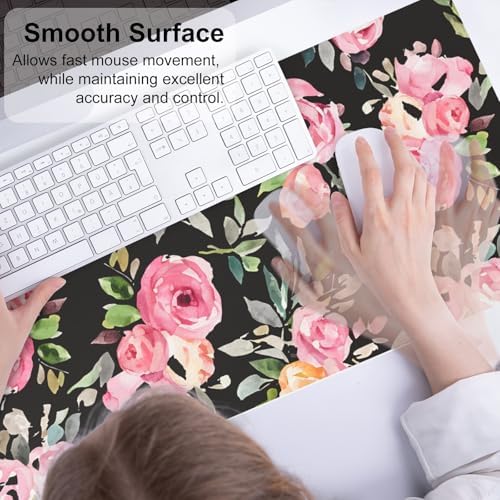QiyI PU Leather Large Mouse Pad, Office Décor, 31.5" x 11.8", Pink Flowers - Image 4