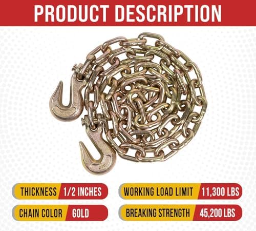 Mytee Products 1/2 Inch x 12 FT Grade 70 Binder Chain with Clevis Grab Hooks - G70 Transport Tow Chain - 11,300 Lbs Working Load Limit - Image 2