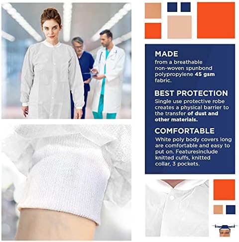 EZGOODZ Disposable Lab Coats for Adults, Medium White, 45 GSM Polypropylene, Unisex Lab Coat with Snap Front, Knit Cuffs and Collar, 3 Pockets, Pack of 10 - Image 3