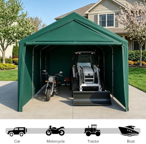 Carport 10x20 Ft Heavy Duty Canopy Steel Canopy Storage Shed,Portable Party Tent,Portable Garage with Removable Sidewalls & Doors All-Season Tarp for Carport Green - Image 4