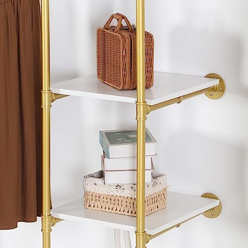 Industrial Pipe Gold Clothing Rack with Shelves, Retail Display Wall Mounted Storage Clothes Hanging Shelf Gold Pipeline Hanging Rod Steampunk Style, 4 Tier Wood Garment Rack 72.8x71inch - Image 4