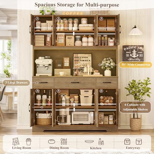 HOSTACK 71" Tall Kitchen Pantry Storage Cabinet, 55" W Kitchen Hutch, Brown - Image 5
