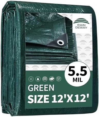 RAINDEWAY Green Tarp 12x12 Feet,5.5Mil Multipurpose Waterproof Tarps Cover by RAINDEWAY