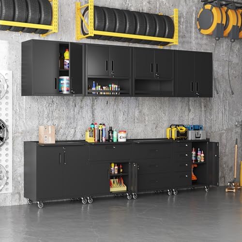 Black Garage Storage Cabinets System 8PCS Workshop Set with Drawers Locking Heavy Duty Rolling Cart with Adjustable Shelves Garage Tool Workbench Cabinets,8pcs-2 - Image 2