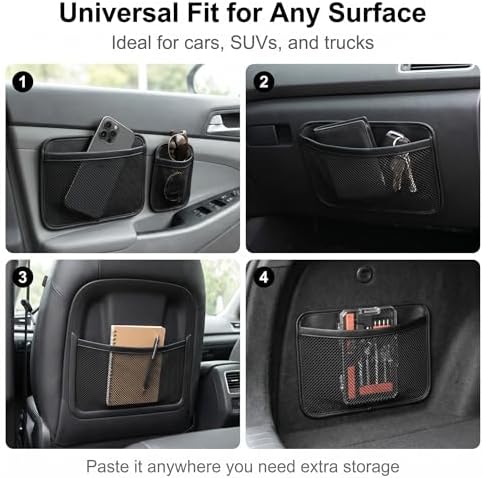 2 PCS Car Organizer Net Pocket, Elastic Mesh Self-Adhesive Side Seat Storage Bag, Portable Seat Gap Filler Storage with 1 Large & 1 Small, Universal for Most Cars, SUVs, Trucks (Black) - Image 6