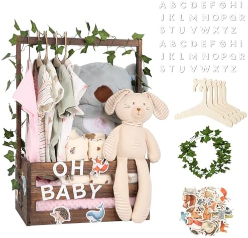 Baby Shower Gifts Basket Wooden Crate, Personalized Wooden Letters and Clothes Hangers New Born Baby Girl Boy Gifts Vine Decorations Cute Closet with Handle Pregnancy Gifts for New Mom Parents Brown by MAMBAKOTR