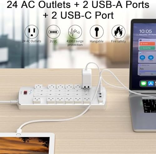 Surge Protector Power Strip - QINLIANF 20Ft Flat Plug Heavy Duty Extension Cord with 24 Outlets and 4 USB Ports(2 USB-C Ports), 4100J, for Home, Office, Dorm, ETL Listed, White - Image 2