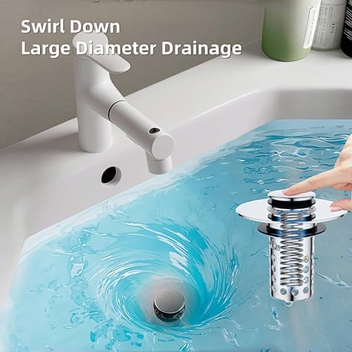 Universal Pop-Up Bathroom Sink Stopper, Stainless Steel Drain Strainer with Removable Filter Basket for 1.1"-2.36" Basin, Push-to-Bounce Core, Bathroom Sink Plug, Hair Catcher, 2 Pack - Image 5