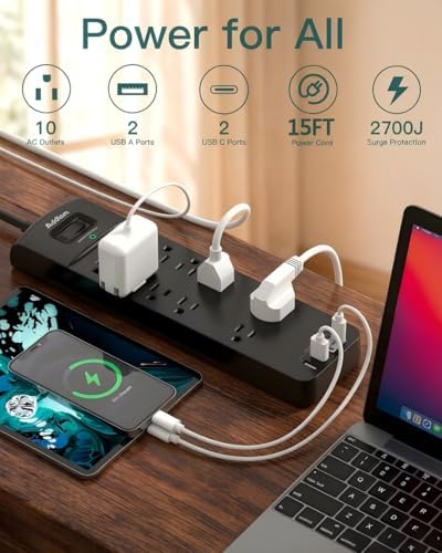 Addtam Power Strips with Surge Protection, 15FT Long Extension Cord with Multiple Outlets, Surge Protector Power Strip with 10 Outlets and 4 USB Ports(2 USB C), Flat Plug, 2700J, Black - Image 2