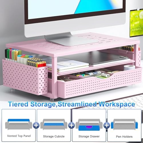 gianotter Desk Organizers and Accessories, Monitor Stand with Drawer and 2 Pen Holder, Desktop Organizer Suitable for Offices and Dormitories (Pink) - Image 2