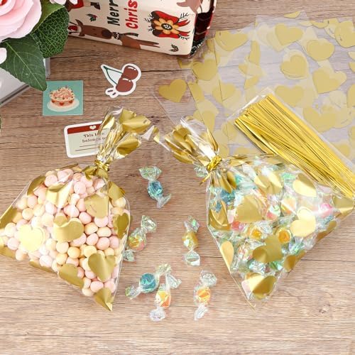 COQOFA 100 Pcs 5x7 IN Gold Heart Cello Cellophane Gift Bags for Baby Shower, Valentine, Wedding, Birthday with Twist Ties - Image 4