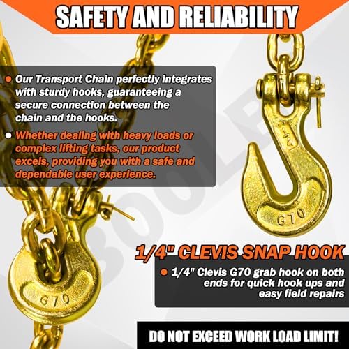 YATOINTO G80 1/4 Inch x 12 Foot Chain Tow Chain with Clevis Grab Hooks 3,300 lbs Safe Working Load Logging Chain for Transporting Towing Tie Down Binding Equipment - Image 4