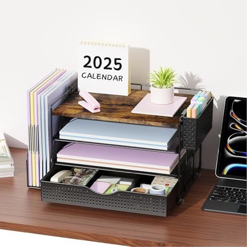 Wood Desk Organizers and Accessories with File Sorters, 4-Tier Desk Accessories & Workspace Organizers with Drawer and Pen Holder, Desk Reference Organizer (Wood, 4T with Drawer) - Image 5
