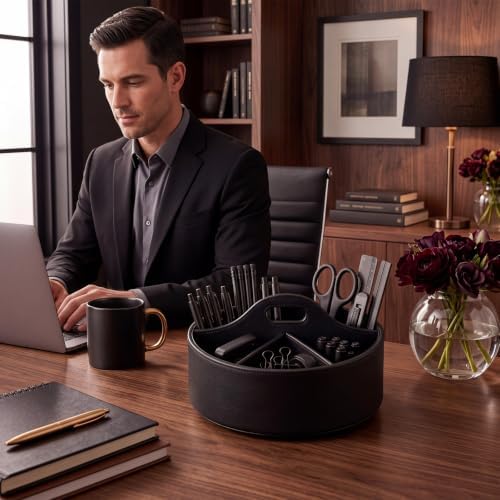 Aesthetic PU Leather Rotating Desk Storage Organizer, Black - Image 2