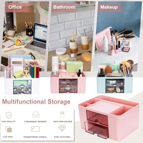 Meiikun Plastic Pen Organizer, Multifunctional Desk Organizer with 2 Drawers, 4 Compartments & a Top Tray, Pencil Holder Desktop Organizers and Accessories for Office, 7.7" x 5.5" x 3.9" (Pink) - Image 4