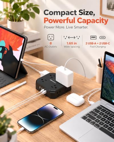 2 Prong Power Strip, WRXDMC 2 Prong to 3 Prong Outlet Adapter, Black, 1625W - Image 4