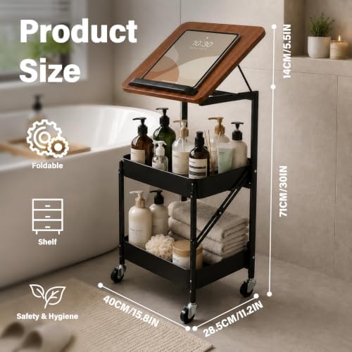 Dracey 3 Tiers Utility Rolling Cart with Lockable Caster Wheels, Metal Tiltable Wood Top Desk, Multifunctional Rolling Storage Cart for Bathroom, for Office Dorm Kitchen Living Room Classroom - Image 6