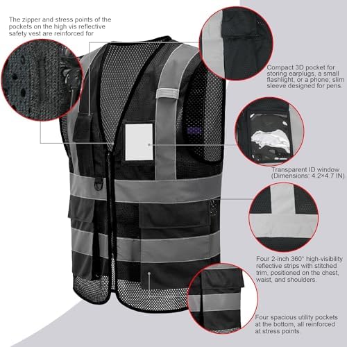 High Vis Safety Vest Reflective Strips, Multi-Pocket Design, Available in Yellow,Orange,black,Pink,blue,Red,purple - Image 2