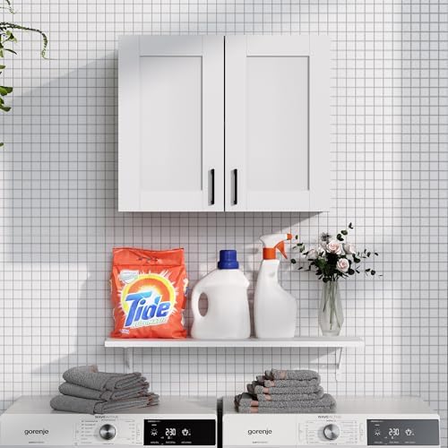White Laundry Room Cabinets and Storage with 2 Doors and Utility Adjustable Shelf，Gabinetes Para Cocina Cupboard Kitchen Organizers and Storage Pantry Wall Mounted 12.4"D x 23.6"W x 19.7"H - Image 2