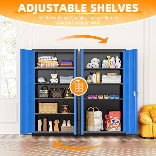INTERGREAT Metal Storage Cabinet with Lock, 72" H Garage Cabinets with Doors and Adjustable Shelves, Lockable Metal Cabinets for Garage, Home, Office(Black-Blue) - Image 4