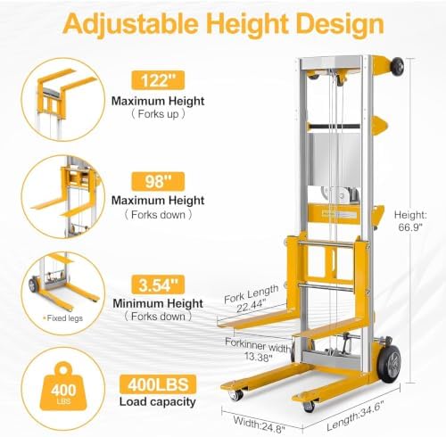 Material Lift Winch Stacker, 400 lbs Capacity, 122" Max Raised Height, Fixed Straddle Hand Winch Lift Trucks for Warehouse, Factory, Library, 34.60"L x 24.80"W,Yellow - Image 2