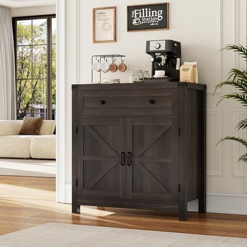 HOSTACK Kitchen Storage Cabinet, Farmhouse Coffee Bar Cabinet, Dark Brown - Image 2