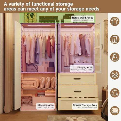 75" Tall Farmhouse 4 Doors Armoire Wardrobe Closet with 3 Drawers and LED,Freestanding Closet Wardrobe Cabinet for Bedroom with Hanging Rod,Wooden Armoire Storage Cabinet Adjustable(Rustic Off White) - Image 6