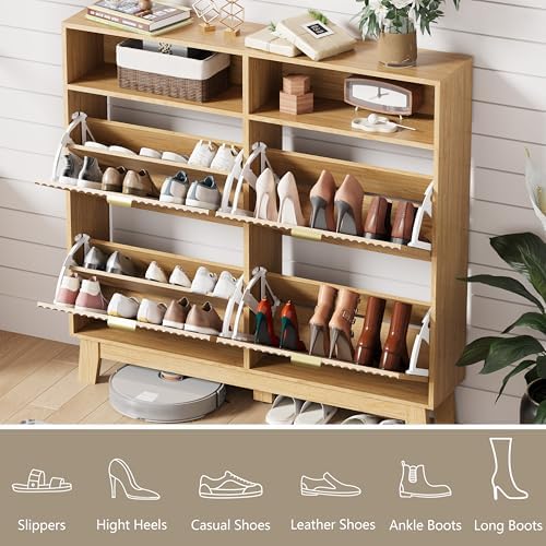 HUANLEGO Shoe Cabinet Storage for Entryway with 4 Flip Drawers, Fluted Narrow Shoe Organizer with Wooden Legs & Top Cubby, Freestanding Slim Shoe Storage Hidden Shoe Rack for Front Door Entrance, Oak - Image 3