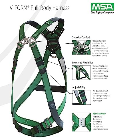 MSA 10197231 V-Form Full Body Safety Harness - Size: Extra Large, D-Ring Configuration: Back/Hip, Qwik Fit Leg Straps, Color: Green, Full Body Harness, Durable, Fall Protection - Image 2