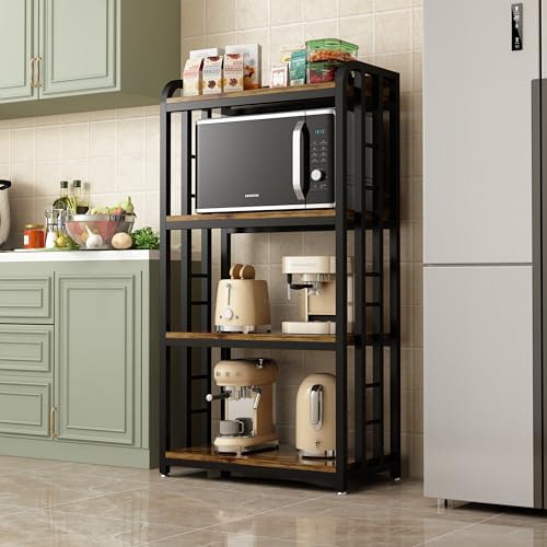 4-Tier Kitchen Baker's Rack with Rolling Wheels, Microwave Oven Cart Stand, Adjustable Utility Shelving Storage Unit, Heavy Duty Organizer Rack for Living Room, Garage, Home and Office(Brown) by SUININGCOOL