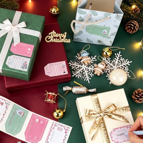 600 PCS Christmas Gift Tag Stickers 1.18" x 2" Pink Green Holiday Labels - Image 4
